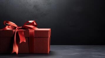 AI generated Red surprise gift box on dark background with empty space for text. Black Friday, holiday, birthday concept with copy space photo