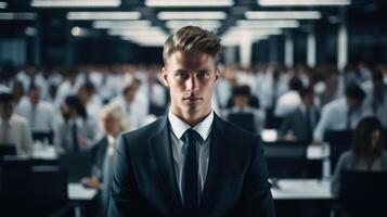 AI generated Portrait of male manager in a business suit in an office with crowd of people employees working in background. Businessman or trainee in workplace photo