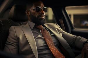 ai generado retrato africano americano confidente adulto empresario sentado en lujo auto, exitoso Rico negocio hombre en traje y lentes foto