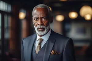 AI generated Portrait of an African American serious senior business man in a suit in an office. Confident successful businessman in a suit indoors looking at camera photo