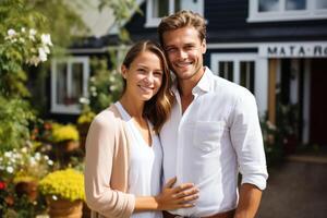 AI generated Buying real estate concept, happy adult married couple near home outdoors photo
