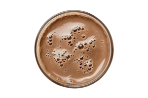 ai generado burbujeante caliente chocolate en un claro vaso taza parte superior ver png