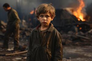 AI generated Child boy at war, sad orphan in dirty clothes standing on a destroyed street and looking at camera photo