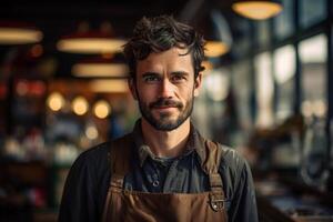 AI generated Handsome bearded guy craftsman in an apron standing inside a workshop and looking at camera photo