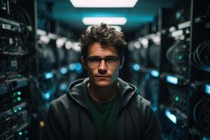 AI generated High technologies, database, programming. Programmer male engineer specialist in glasses standing in a high-tech server room and looking at camera photo