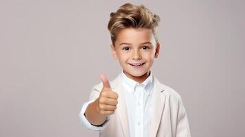 AI generated Happy smiling Caucasian child boy in white suit showing like finger gesture while standing on background photo