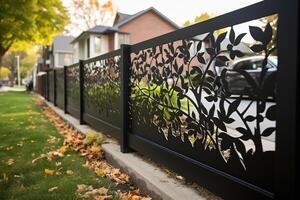 AI generated Decorative iron fence with pattern of foliage on autumn day, appearance, perspective view photo