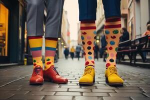 ai generado impar calcetines día concepto. gracioso de colores de los hombres calcetines en pies al aire libre, de cerca foto