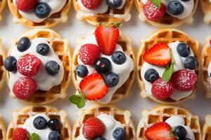 AI generated Food pattern, Viennese waffles with berries and ice cream on a light background, top view photo