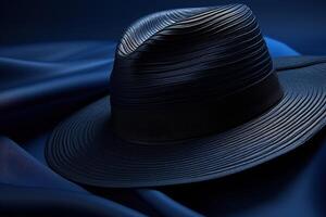 ai generado oscuro elegante sombrero en un azul tela, de cerca foto