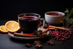 AI generated Red wine boiled with spices, warming drink in a glass with ingredients indoors photo