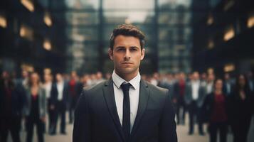 AI generated Portrait of serious businessman in suit standing in business district against backdrop of crowd of colleagues photo