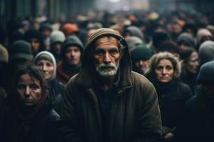 AI generated Crowd of senior homeless unemployed poor people outdoors. Social problem photo