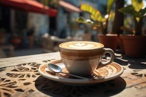 AI generated Cup of cappuccino with a spoon on a saucer on a table in a street cafe on a sunny morning, close-up photo