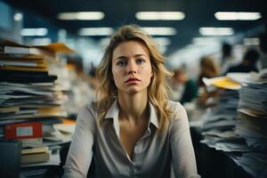 AI generated Frustration shaggy tired woman office worker or accountant sitting at workplace with pile of papers and looking away. Burnout at work, depression photo