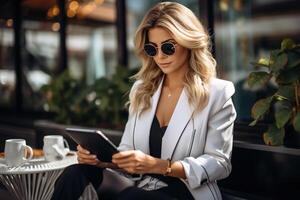 ai generado negocio elegante mujer utilizando tableta mientras sentado en al aire libre cafetería. elegante mujer de negocios en un traje trabajando en línea en el calle foto