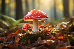 ai generado de cerca de venenoso rojo mosca agárico hongos creciente en bosque foto