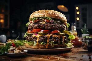 AI generated Juicy big burger with two cutlets, cheeseburger on the table. Fast food close-up photo
