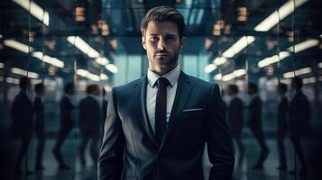 ai generado masculino negocio retrato, exitoso confidente caucásico empresario en traje en pie en reflejado oficina corredor y mirando a cámara foto