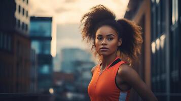 ai generado Deportes y formación al aire libre bandera con Copiar espacio, afro americano mujer atleta en tanque parte superior en calle foto