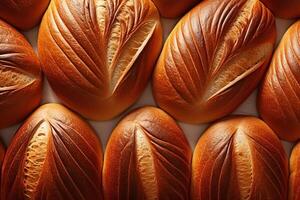 AI generated Top view fresh baked golden bread with crust, close-up pattern photo