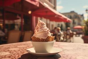 ai generado hielo crema magdalena en un gofre taza en mesa de un calle café en un soleado día, de cerca foto