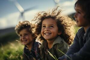 ai generado contento niños descansando en un campo en naturaleza en contra el fondo de un viento poder estación generador. renovable eco energía foto