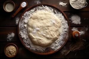 AI generated Cooking, top view dough and ingredients on a wooden dark table photo