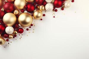 AI generated Top view Christmas tree decorations toys balls and confetti on a white surface with empty space for text. Festive, Xmas background with copy space photo