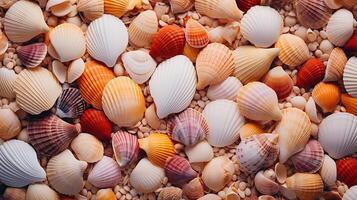 AI generated Marine life background, top view of a bunch of various seashells on seashore photo