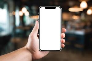 ai generado de cerca mano participación teléfono inteligente Bosquejo en café adentro, móvil teléfono con blanco blanco pantalla con espacio para marca foto