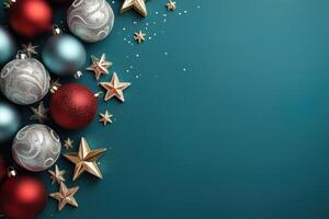 AI generated Festive, Xmas background with copy space. Top view Christmas tree decorations toys balls on a blue surface with empty space for text photo