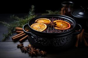 AI generated Mulled wine brewed in a pot standing on a table indoors photo