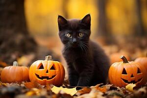 ai generado linda negro gatito y naranja Víspera de Todos los Santos decorado calabazas en otoño bosque foto