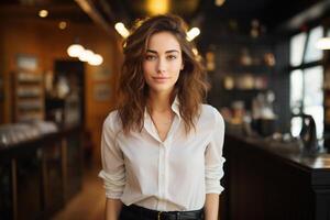AI generated Young businesswoman in a cafe, female cafeteria owner standing indoors and looking at camera photo