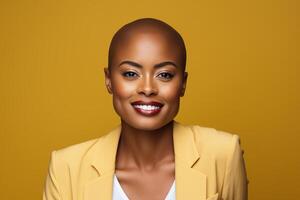 AI generated Portrait of smiling afro american bald woman on yellow background and looking at camera photo