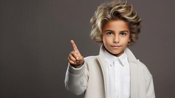 AI generated Portrait of a handsome Caucasian child boy showing a finger gesture on a background with copy space photo