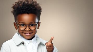 AI generated Funny cute african american smart child boy in glasses showing finger gesture while standing on copy space background photo