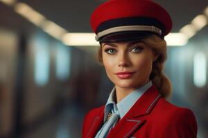 AI generated Portrait of a beautiful confident young woman professional flight attendant or pilot in a red uniform indoors looking at camera photo