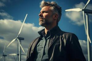 AI generated Portrait of handsome adult man standing in a field contemplating nature against the backdrop of a wind power station generator. Renewable eco energy photo