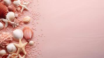 AI generated Top view seashells and starfish on pink background, marine banner with copy space photo