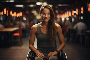 ai generado retrato de un sonriente joven caucásico mujer con un invalidez sentado en un silla de ruedas en un café y mirando a cámara foto