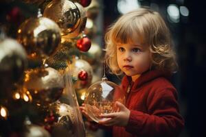 ai generado Navidad o contento nuevo año. linda bonito caucásico bebé niña decorando Navidad árbol con juguete pelotas adentro, Copiar espacio foto