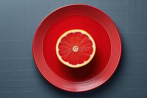 ai generado rebanada de pomelo en un lámina, parte superior vista. minimalismo comida Fruta foto