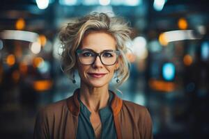 AI generated Stylish confident smiling entrepreneur senior woman in office, business portrait middle aged caucasian lady in glasses standing indoors and looking at camera photo