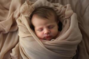 AI generated Sleeping newborn Caucasian baby wrapped in cloth, top view photo