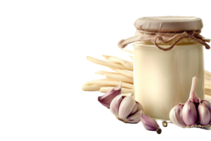 AI generated Garlic Aioli Sauce in Glass Jar with Garlic Bulbs png