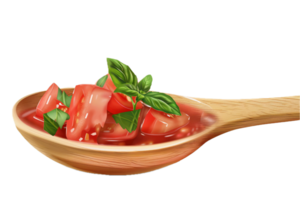 ai generiert frisch Tomate und Basilikum im hölzern Löffel png