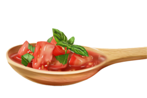 ai generado Fresco tomate y albahaca en de madera cuchara png