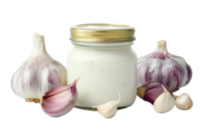 AI generated Garlic Aioli Sauce in Glass Jar with Garlic Bulbs png